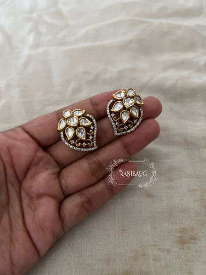 Ziva Stylish Antique Gold Leaf Kundan Floral Motif Ear Studs By Ranibaug